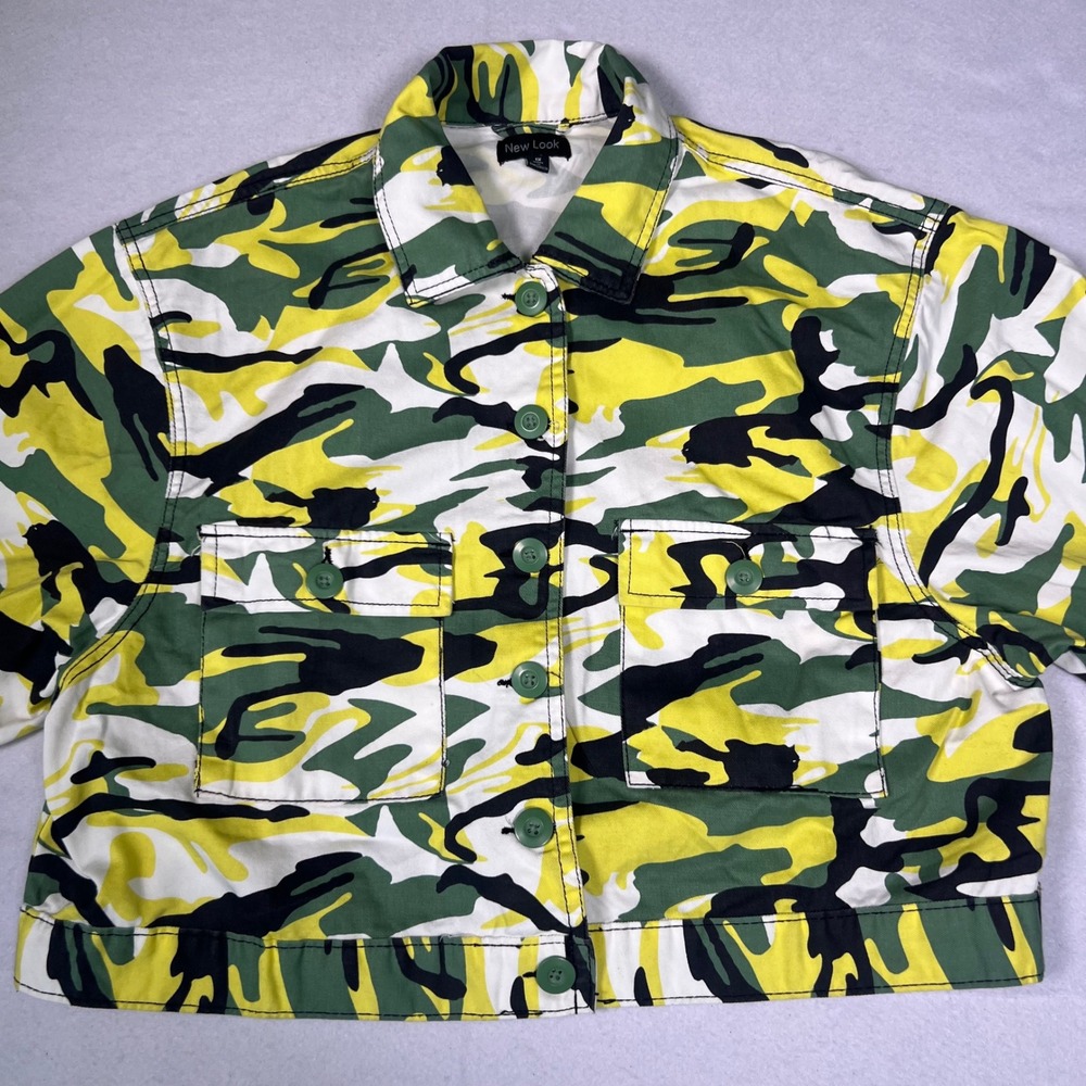 New Look Camo Cropped Jacket Womens 1X Green Yellow Camouflage Excellent